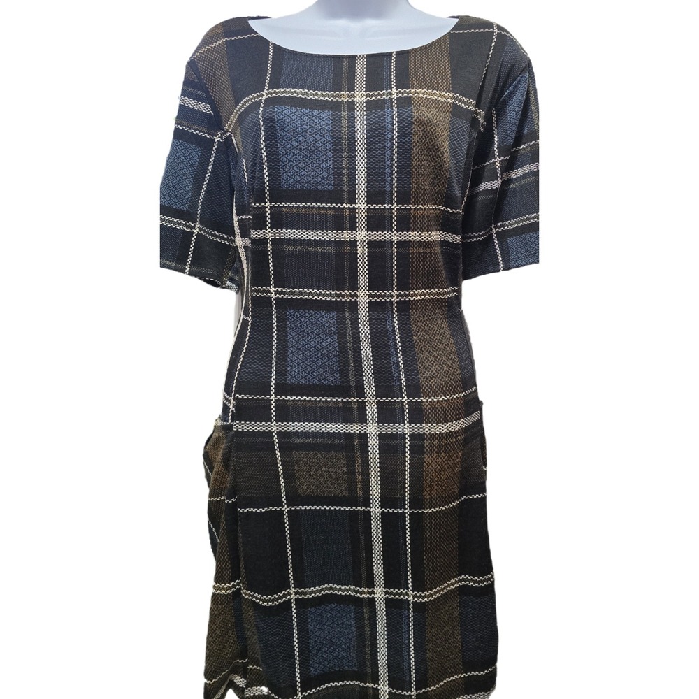 PLUS 20 20W ENFOCUS STUDIO blue brown Plaid Knit mini Dress Short Sleeve Career